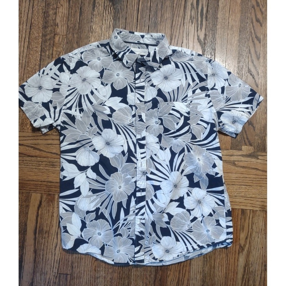 Aeropostale Mens Large Floral Tropical Button Down Shirt Navy White Short Sleeve
